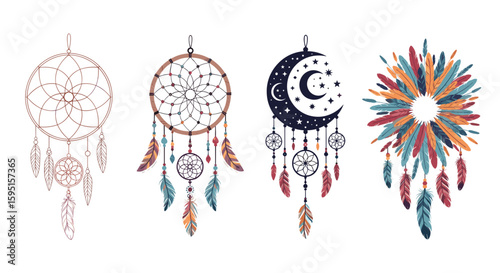 Illustration of four dreamcatchers with feathers and beads in various designs