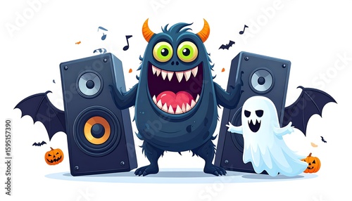Festive Halloween illustration featuring a cheerful monster with bat wings dancing beside large speakers and a friendly ghost surrounded by jackolanterns and musical notes