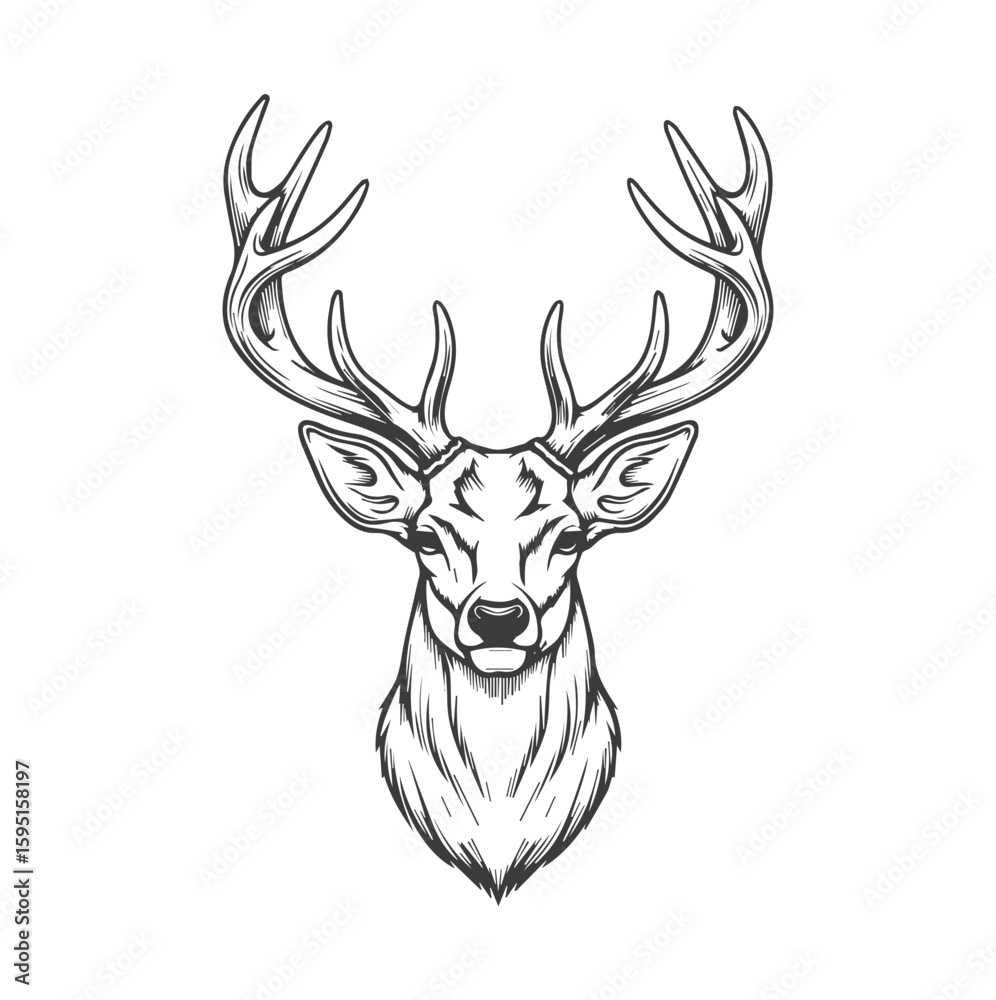 Naklejka premium Head of a deer with antlers. Detailed animal illustration for design. Wildlife and nature concept for graphic element