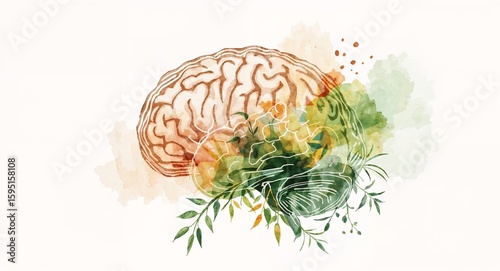 Watercolor brain illustration with green leaves and floral accents on a white background art piece