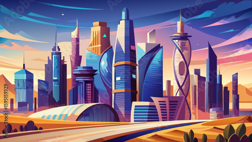 Doha, Qatar – Gleaming towers and desert dunes frame a city of innovation and tradition. A futuristic skyline ideal for sleek, modern vector work.