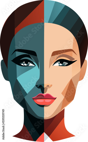  half real half abstract, geometric human, shadow portrait, artistic concept, surreal vector, modern split design