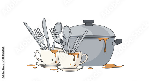 Dirty dishes and kitchen utensils piled up after a meal requiring thorough cleaning and tidying