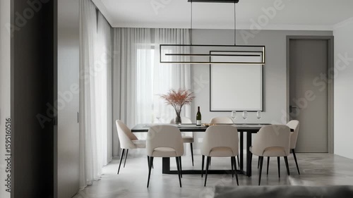 Wallpaper Mural Modern dining room showcases a minimalist style with a sleek table, cream chairs, and elegant light fixture, creating a bright and airy ambiance in an indoor setting. Torontodigital.ca