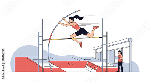 Athlete powerfully vaults over high bar with flexible pole during competitive track and field event showing athletic prowess