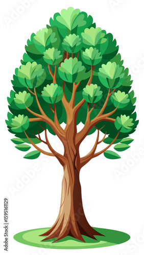 Vector art of a lush green tree with a thick canopy of leaves and a robust trunk, situated on grass, isolated on white