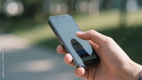 Person holding a smartphone outdoors in a park setting