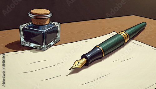 Vintage fountain pen and ink bottle on a blank sheet of paper, resting on a wooden table