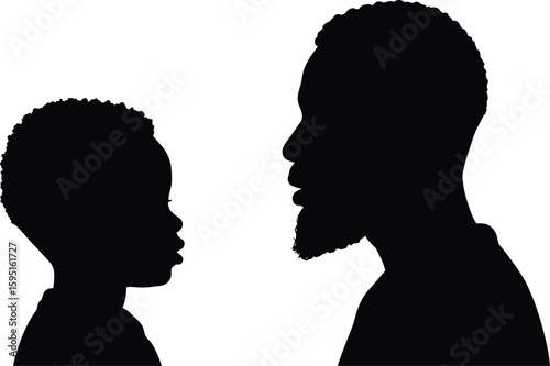Striking black silhouette profiles of an adult and child facing each other, symbolizing family bonds, generational connection, and thoughtful communication in a minimalist, impactful design.