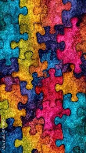 Vibrant Interlocking Puzzle Pieces with Grunge Texture Background
