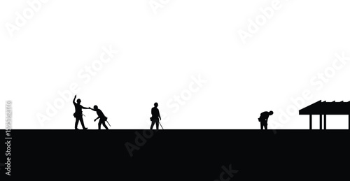 Stark silhouettes depicting figures in distress or surrender alongside standing individuals near a structure, suggesting themes of conflict, aftermath, and human interaction in a minimalist 