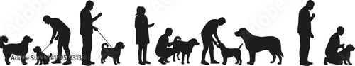 Silhouettes illustrating various interactions between pet owners and their dogs, showcasing walking, training, and bonding moments, ideal for themes of companionship and responsible pet care.