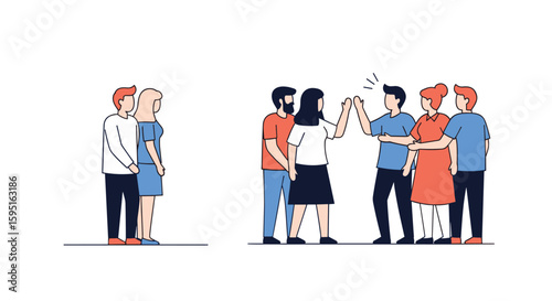 Diverse group of people celebrating together and two people standing apart in a modern illustration style with clean lines and flat colors
