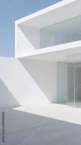Modern minimalist building with clean white lines and glass elements under a clear blue sky.