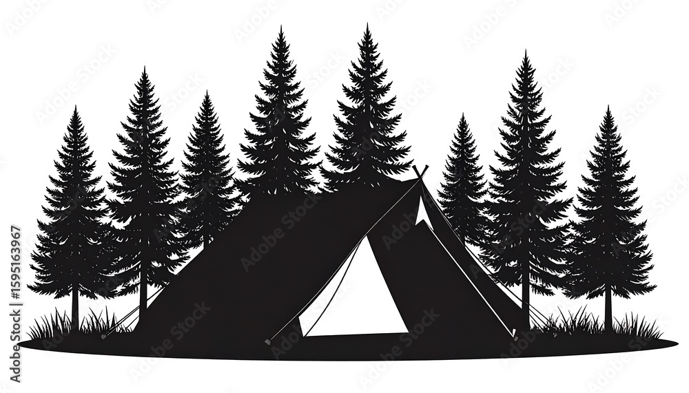 Obraz premium Silhouetted camping scene featuring a pitched tent nestled amongst a grove of evergreen trees set against a stark white background creating a dramatic contrast