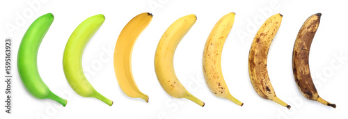 Banana fruits of different ripening stages on white background, set. Top view