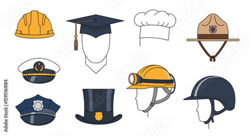 Collection of diverse headwear representing various occupations and professions around the world