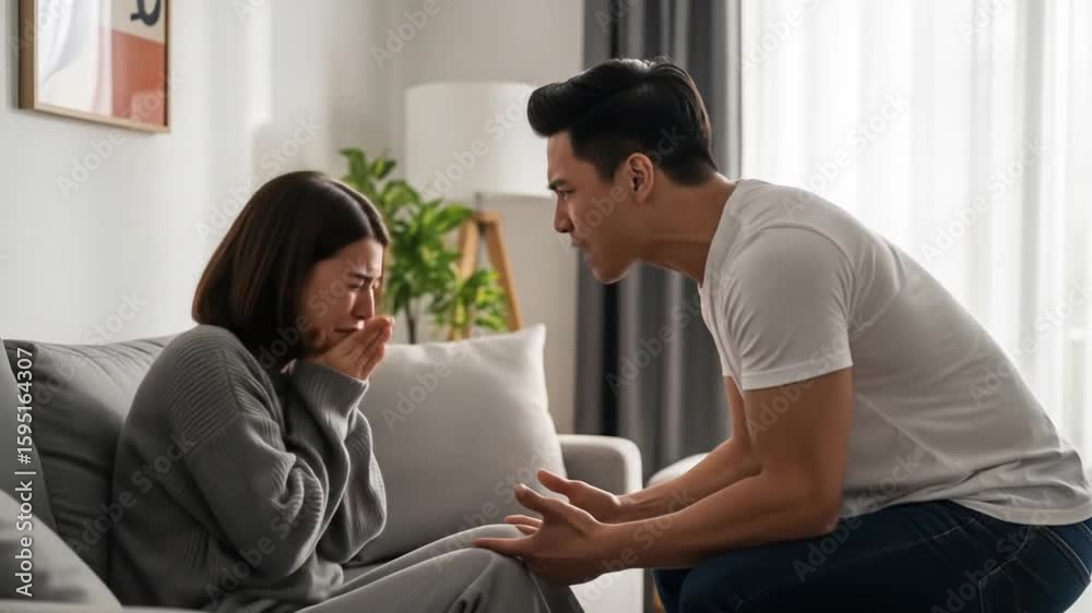 Upset Woman Crying During Relationship Argument with Angry Man on Sofa at Home Upset Woman Crying During Relationship Argument with Angry Man on Sofa at Home