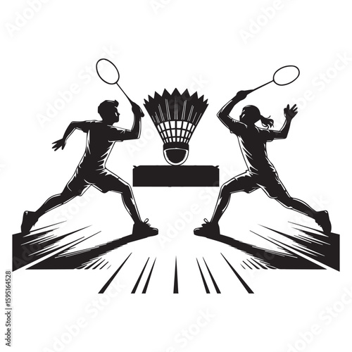 Two badminton players in silhouette compete with a shuttlecock, isolated on white background