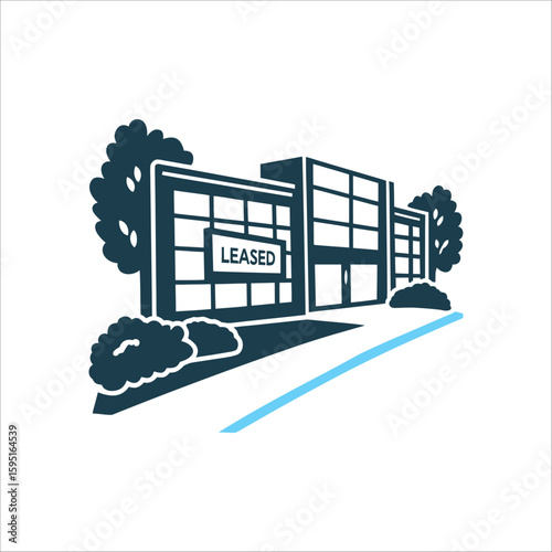 Leased Office Building Illustration with Trees Building with Leased plaque implied