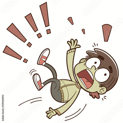 Falling Boy: A dynamic illustration captures a boy's comical fall, portraying surprise and slight distress with exaggerated motion lines and bold visual style.