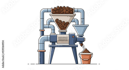 Industrial coffee bean grinding machine processing roasted beans into fine powder
