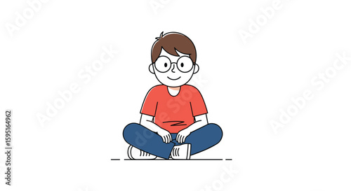 A young person with glasses sitting cross-legged on the floor wearing a red t-shirt and blue jeans smiling happily and relaxed