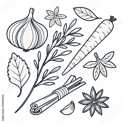 Hand drawn sketch of assorted vegetables and herbs for cooking