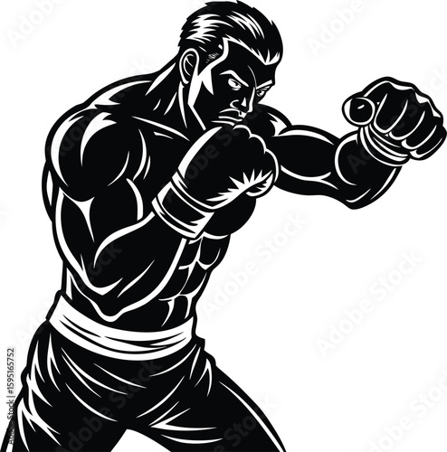 Dynamic cartoon illustration of a strong boxer in action, a powerful fighter character running with muscular strength ,intensity, expression, stance, frame, pose