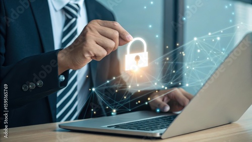Businessman securing digital data with a glowing padlock icon isolated on transparent background