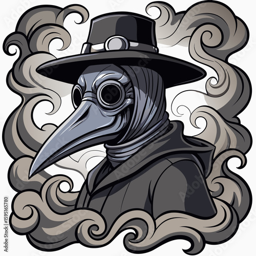 Cartoon Plague Doctor with Beak Mask and Smoke in Gothic Style