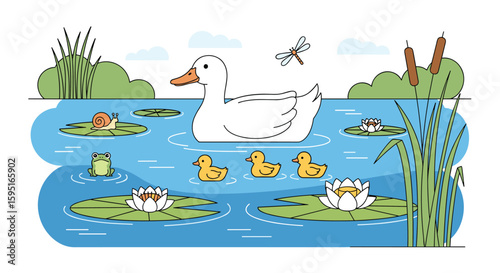 A charming scene depicting a mother duck leading her ducklings across a serene pond filled with water lilies and other pond life
