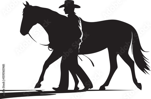 Silhouette of a cowboy leading a horse in a western setting