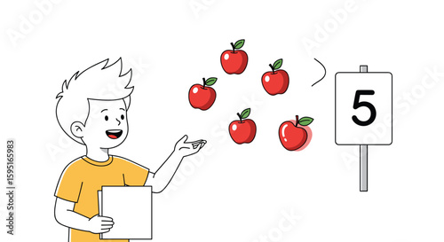 Young boy learning to count and compare numbers with apples and a sign showing the number five