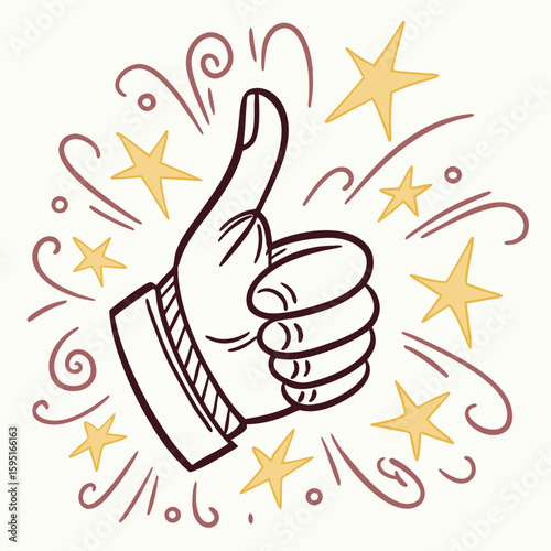 Thumbs Up Illustration: A captivating illustration, celebrating approval with a universally recognized gesture of a raised thumb, encircled by dynamic bursts and radiant stars.