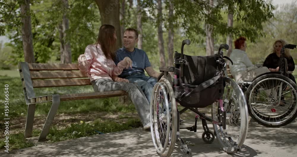 A heartwarming scene of a young couple, one in a wheelchair, sharing laughter and tender moments on a sunny park bench. A heartwarming scene of a young couple, one in a wheelchair, sharing laughter and tender moments on a sunny park bench.