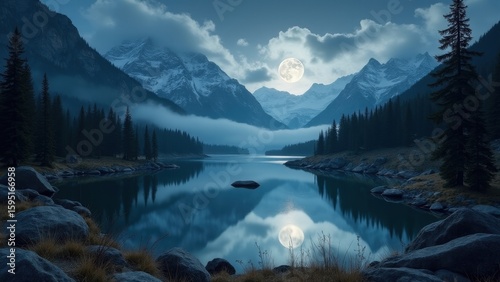 Tranquil nighttime lake reflecting the full moon surrounded by mountains and the distant howls of wolves. Ideal for fantasy, storytelling, and nature compositions.