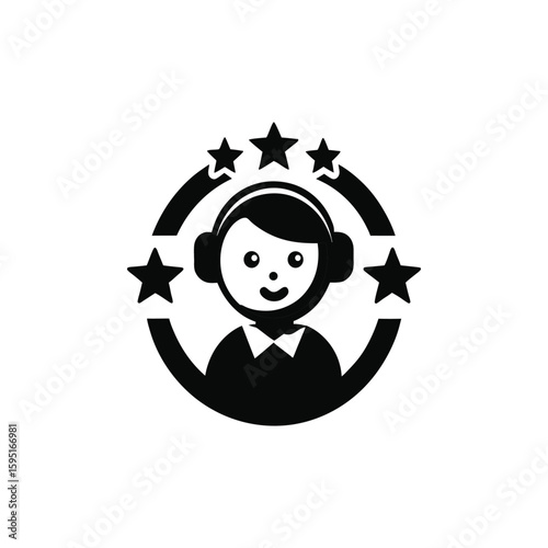  Happy customer service representative with headphones and stars isolated on white background