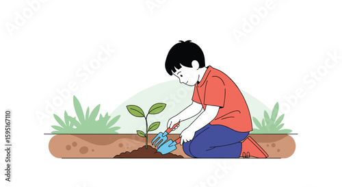A young child diligently waters a tiny sapling in the garden encouraging nature and growth