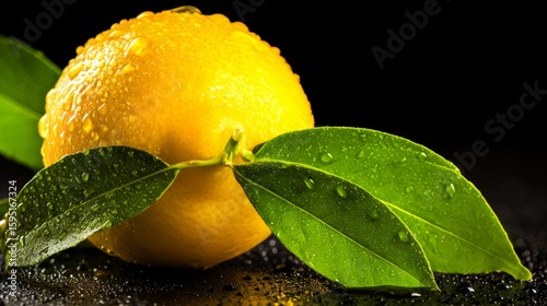 A bright yellow lemon with attached leaves against a dark backdrop, glistening with water droplets.
