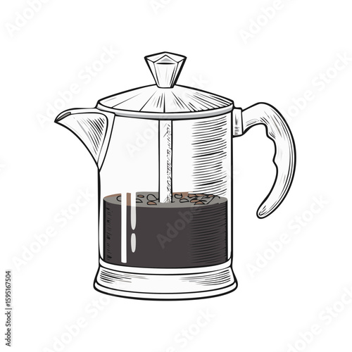French Press Brewing Coffee Beans in Glass Pot Still Life Vector Illustration