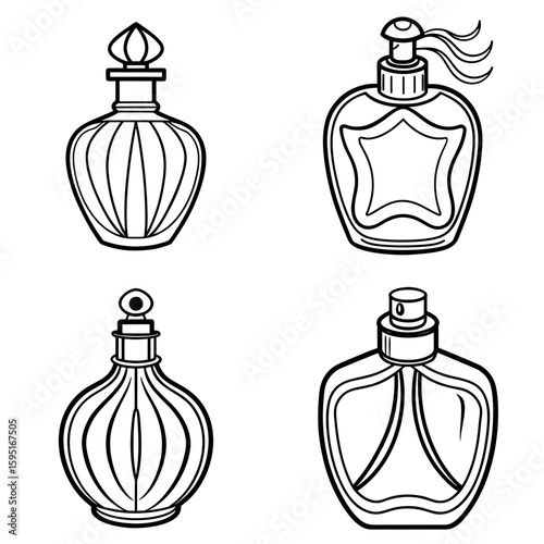 Four outlined perfume bottles with different shapes and caps in a black and white vector illustration