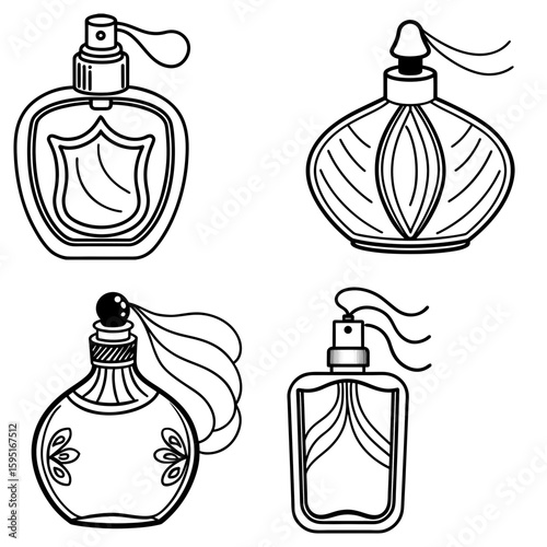 Four perfume bottles with different designs and shapes in black and white outline illustration style