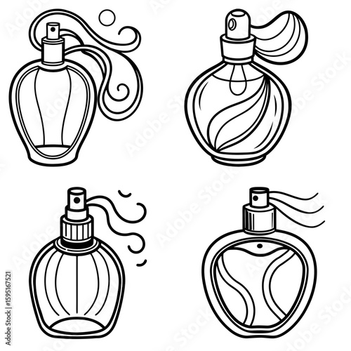 Four perfume bottles with different shapes and designs in a black and white outlined illustration style