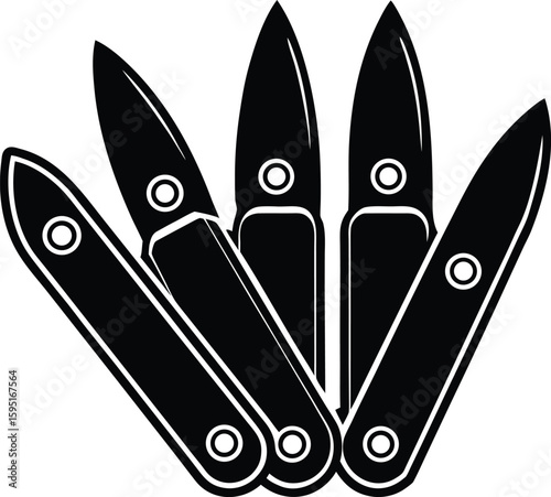 Precision in Black: A striking, graphic monochrome illustration of a multi-tool knife, its blades meticulously arranged to showcase their sharpness and versatility. The design is crisp and clear.