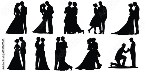 Silhouette of Romantic Couples in Various Poses, Perfect for Wedding or Anniversary Designs and Projects, Showcasing Love and Commitment
