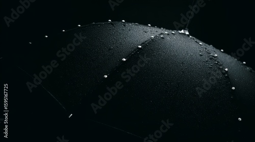A black umbrella glistens with raindrops, its textured fabric and silver rivets highlighted in moody lighting.
