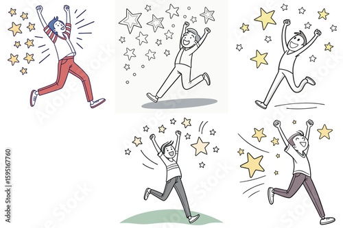 Illustration of ecstatic individual in various scenes, celebrating with star: The animated sketch depicts individual of varying skin tones in celebratory gestures, surrounded by glowing stars.