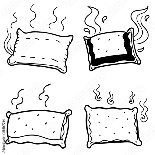 Four steaming pillows with different designs and patterns in a black and white line drawing style art