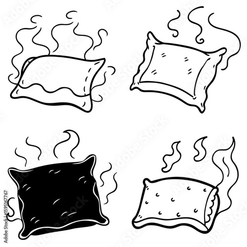 Four stylized pillows with steam rising, arranged in a square grid, showing different designs and colors